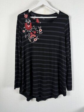 Soft Surroundings Women’s Emelia Tunic Top Black Striped Floral Embroidered 1X